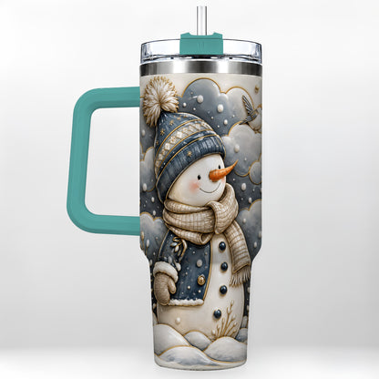 #pl[40oz|Green] Blue Gold Snowman 40oz Tumbler with Handle, Stainless Steel Travel Cup