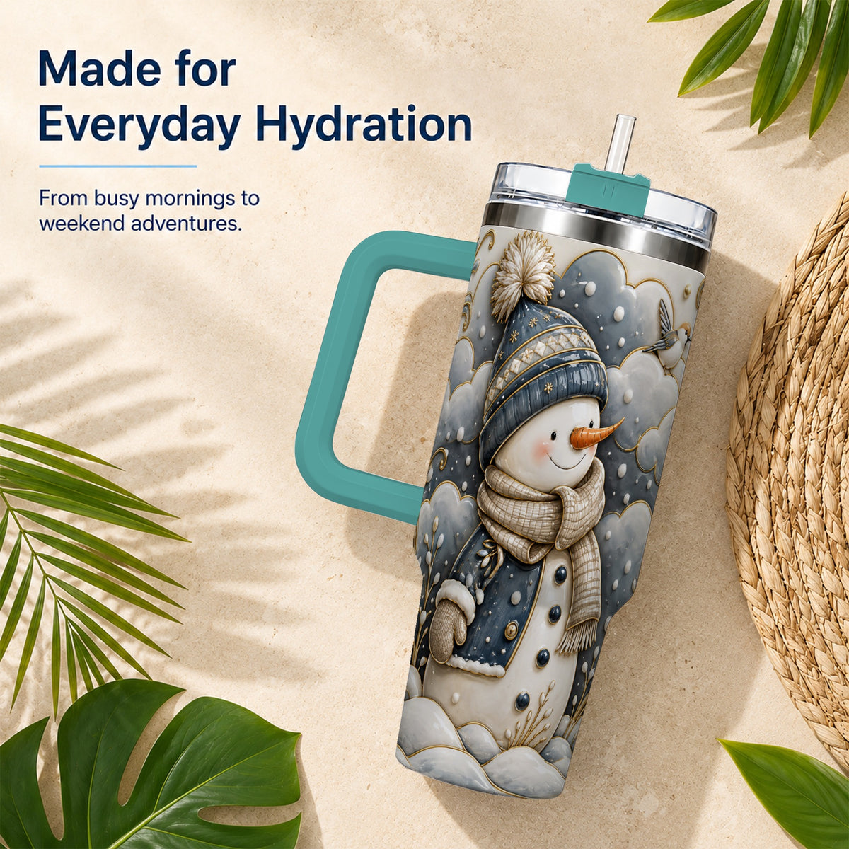 #pl[40oz|Green] Blue Gold Snowman 40oz Tumbler with Handle, Stainless Steel Travel Cup
