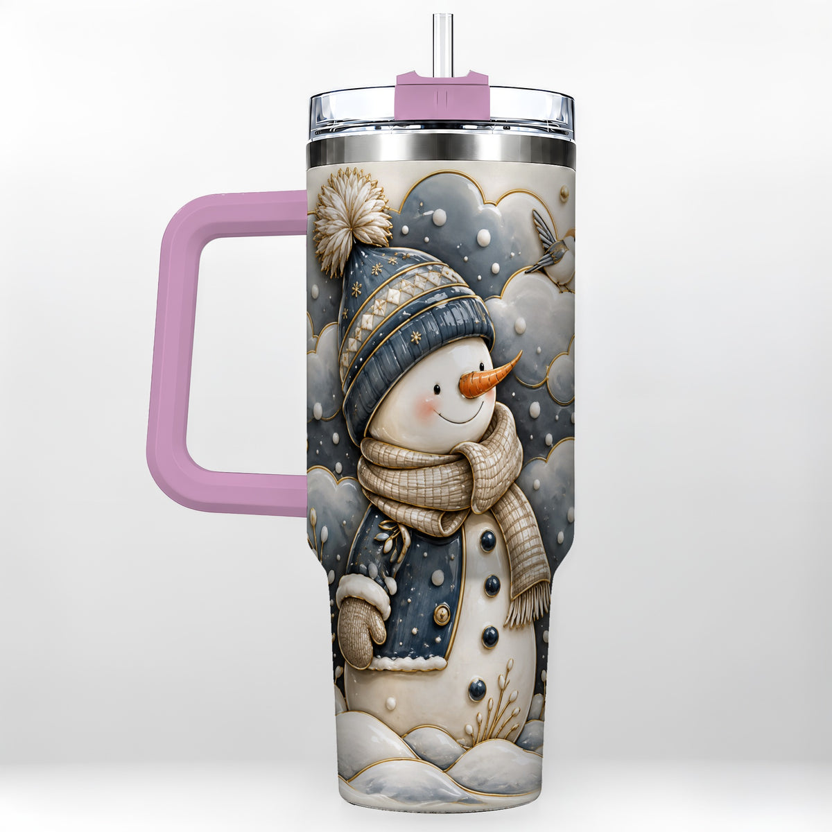 #pl[40oz|Pink] Blue Gold Snowman 40oz Tumbler with Handle, Stainless Steel Travel Cup