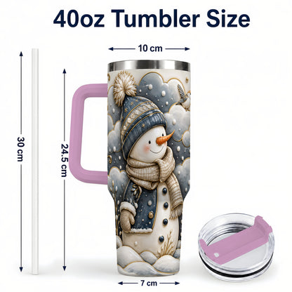 #pl[40oz|Pink] Blue Gold Snowman 40oz Tumbler with Handle, Stainless Steel Travel Cup