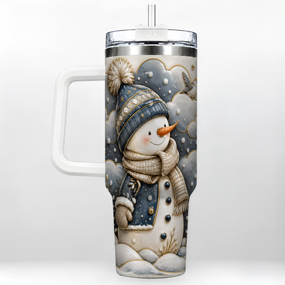 Blue Gold Snowman 40oz Tumbler with Handle, Stainless Steel Travel Cup