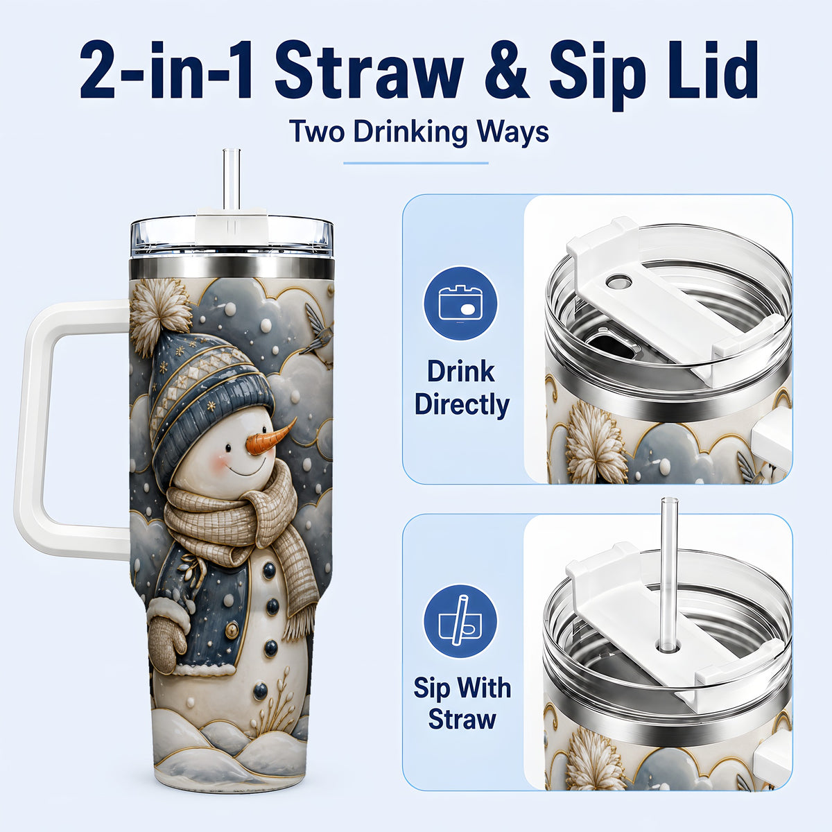 #pl[40oz|White] Blue Gold Snowman 40oz Tumbler with Handle, Stainless Steel Travel Cup