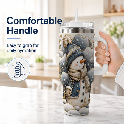 #pl[40oz|White] Blue Gold Snowman 40oz Tumbler with Handle, Stainless Steel Travel Cup