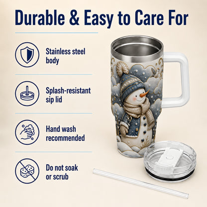 #pl[40oz|White] Blue Gold Snowman 40oz Tumbler with Handle, Stainless Steel Travel Cup