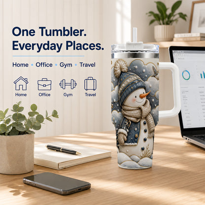 #pl[40oz|White] Blue Gold Snowman 40oz Tumbler with Handle, Stainless Steel Travel Cup