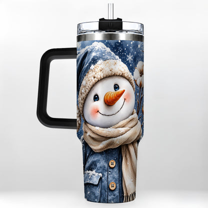#pl[40oz|Black] Winter Snowman 40oz Tumbler with Handle, Cozy Stainless Steel Travel Cup