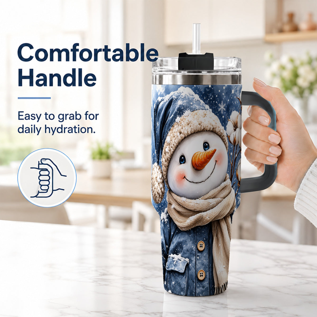 #pl[40oz|Black] Winter Snowman 40oz Tumbler with Handle, Cozy Stainless Steel Travel Cup