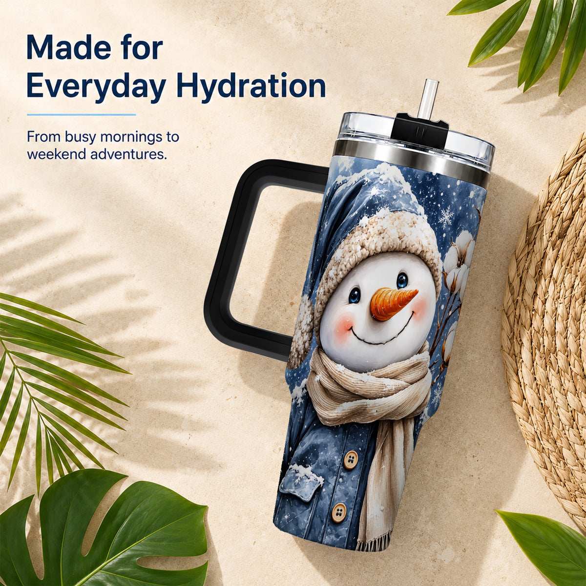 #pl[40oz|Black] Winter Snowman 40oz Tumbler with Handle, Cozy Stainless Steel Travel Cup
