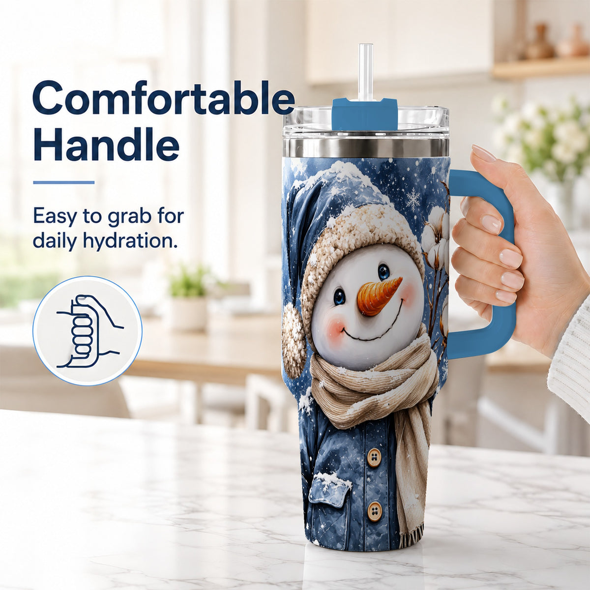 #pl[40oz|Blue] Winter Snowman 40oz Tumbler with Handle, Cozy Stainless Steel Travel Cup