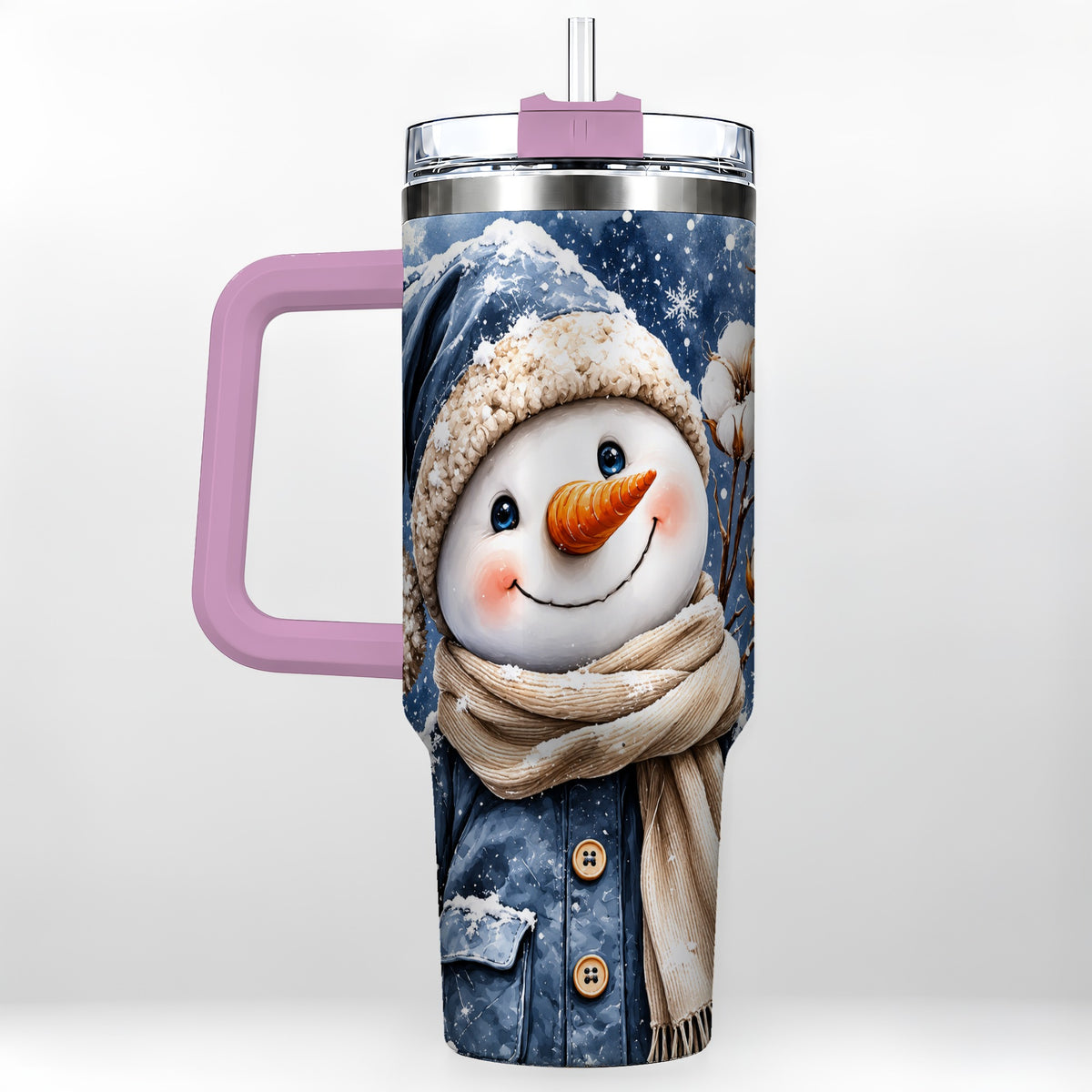 #pl[40oz|Pink] Winter Snowman 40oz Tumbler with Handle, Cozy Stainless Steel Travel Cup