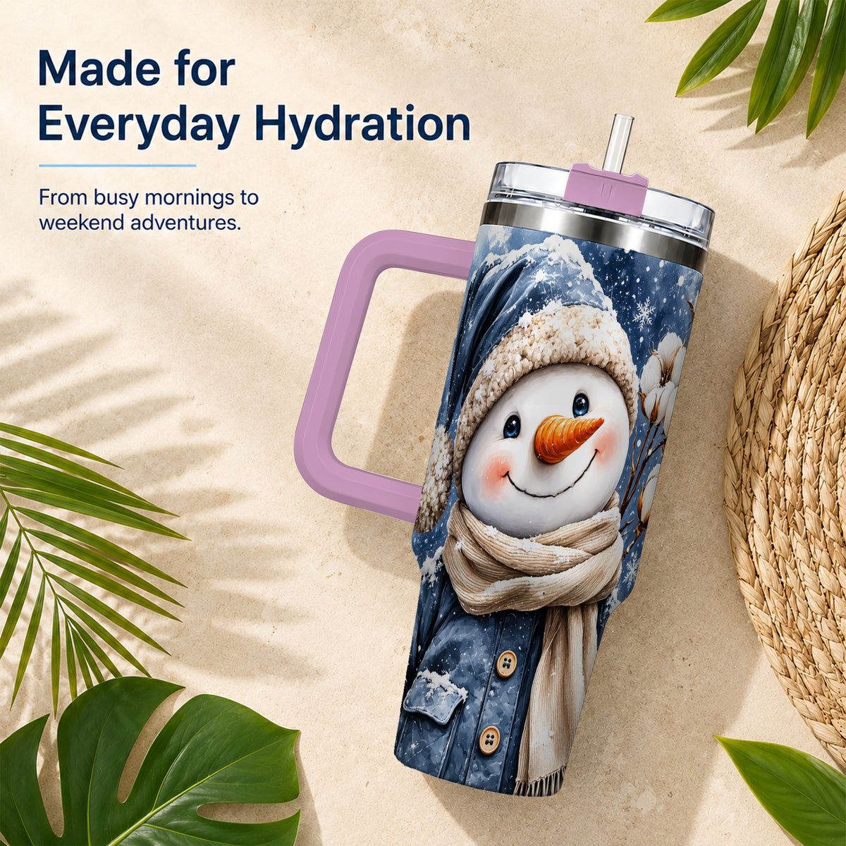 #pl[40oz|Pink] Winter Snowman 40oz Tumbler with Handle, Cozy Stainless Steel Travel Cup