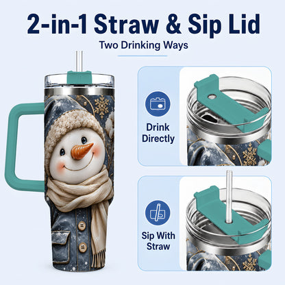 #pl[40oz|Green] Golden Snowman 40oz Tumbler with Handle, Winter Stainless Steel Travel Cup