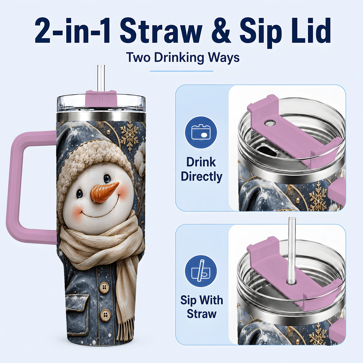 #pl[40oz|Pink] Golden Snowman 40oz Tumbler with Handle, Winter Stainless Steel Travel Cup