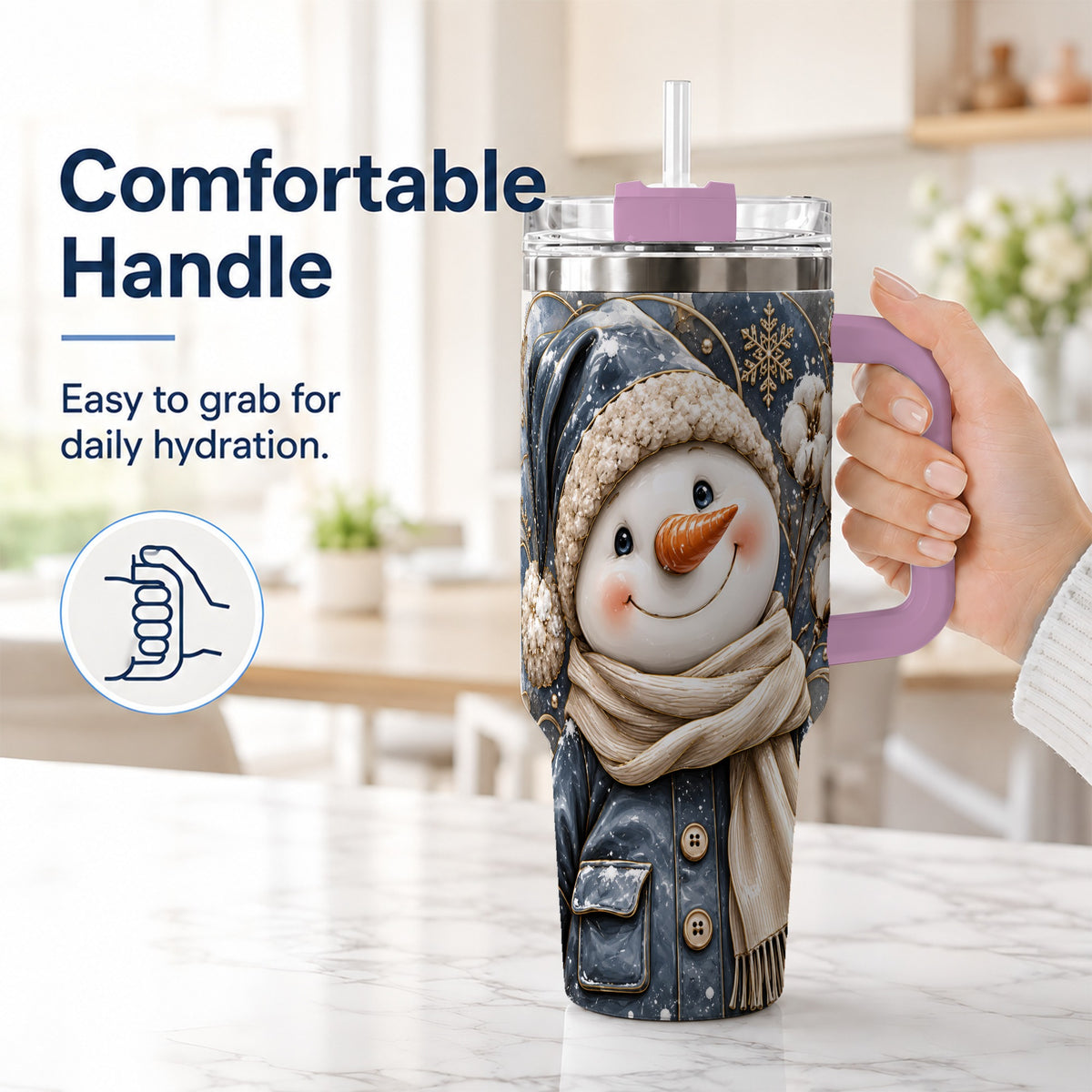 #pl[40oz|Pink] Golden Snowman 40oz Tumbler with Handle, Winter Stainless Steel Travel Cup