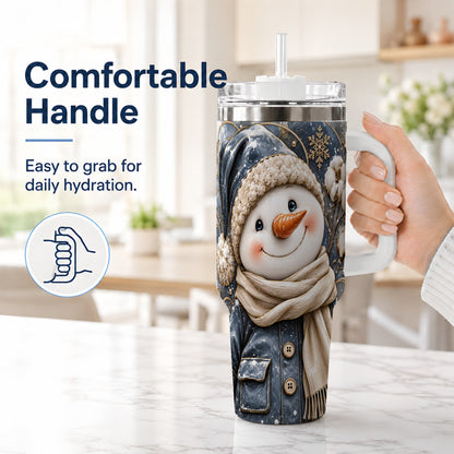 #pl[40oz|White] Golden Snowman 40oz Tumbler with Handle, Winter Stainless Steel Travel Cup