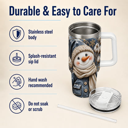 #pl[40oz|White] Golden Snowman 40oz Tumbler with Handle, Winter Stainless Steel Travel Cup