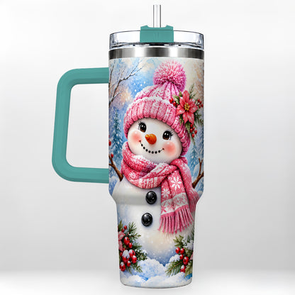 #pl[40oz|Green] Pink Snowman 40oz Tumbler with Handle, Floral Stainless Steel Travel Cup