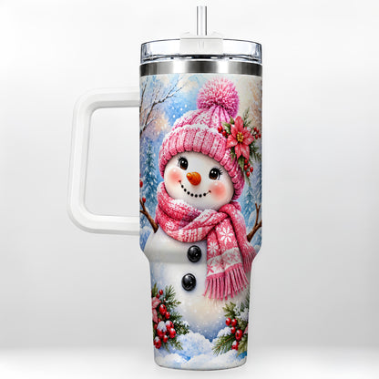 Pink Snowman 40oz Tumbler with Handle, Floral Stainless Steel Travel Cup