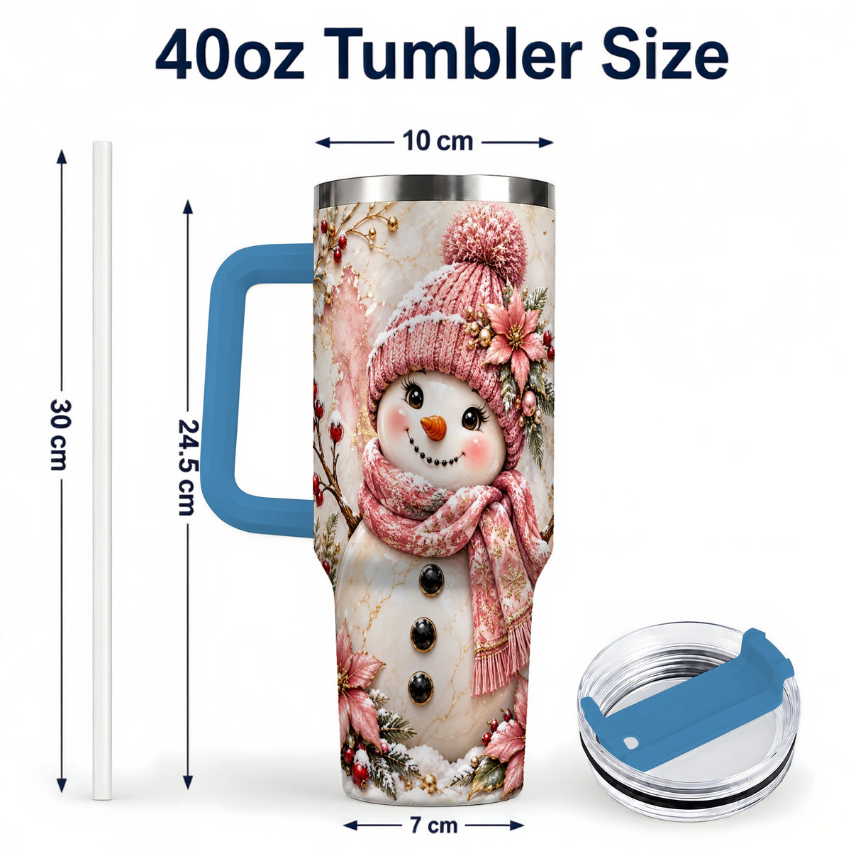 #pl[40oz|Blue] Marble Snowman 40oz Tumbler with Handle, Floral Stainless Steel Travel Cup