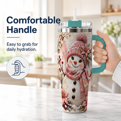 #pl[40oz|Green] Marble Snowman 40oz Tumbler with Handle, Floral Stainless Steel Travel Cup