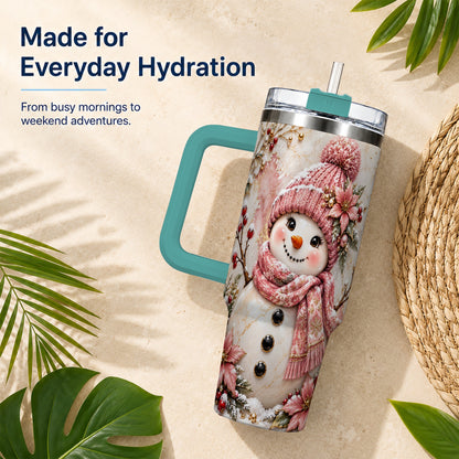 #pl[40oz|Green] Marble Snowman 40oz Tumbler with Handle, Floral Stainless Steel Travel Cup