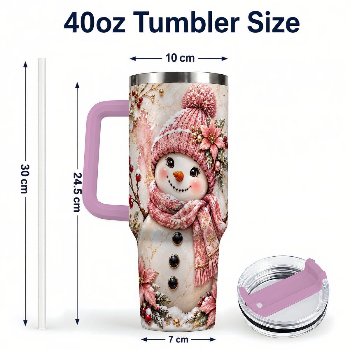 #pl[40oz|Pink] Marble Snowman 40oz Tumbler with Handle, Floral Stainless Steel Travel Cup