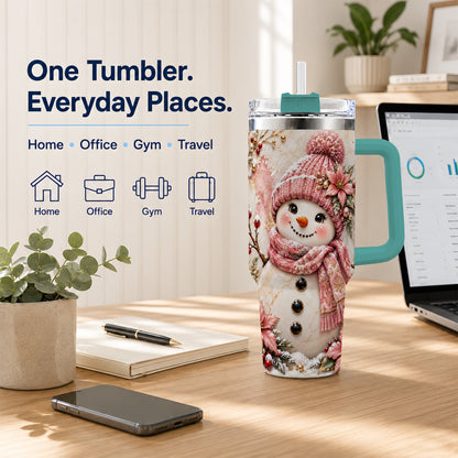 #pl[40oz|Green] Marble Snowman 40oz Tumbler with Handle, Floral Stainless Steel Travel Cup