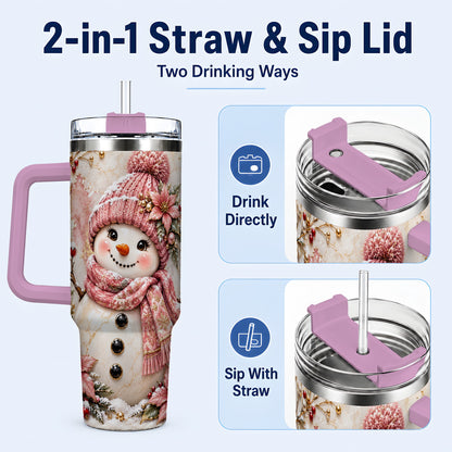 #pl[40oz|Pink] Marble Snowman 40oz Tumbler with Handle, Floral Stainless Steel Travel Cup