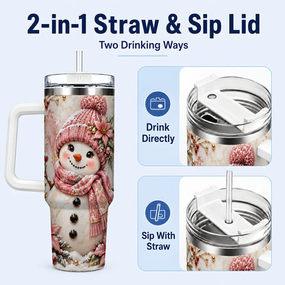 #pl[40oz|White] Marble Snowman 40oz Tumbler with Handle, Floral Stainless Steel Travel Cup