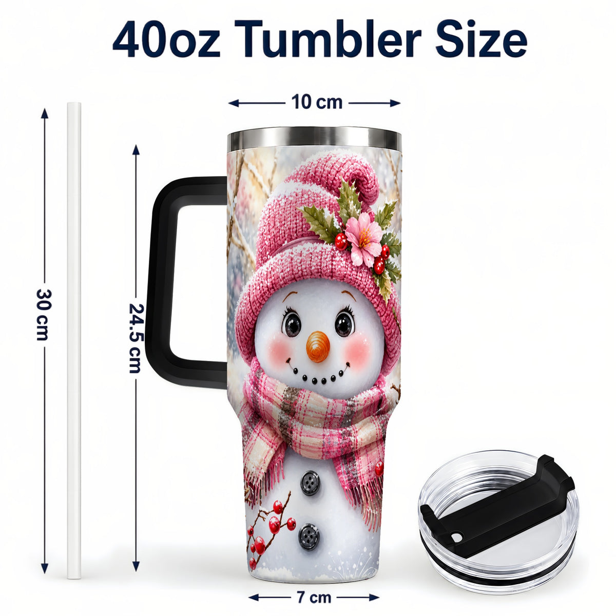 #pl[40oz|Black] Woodland Snowman 40oz Tumbler with Handle, Floral Steel Travel Cup