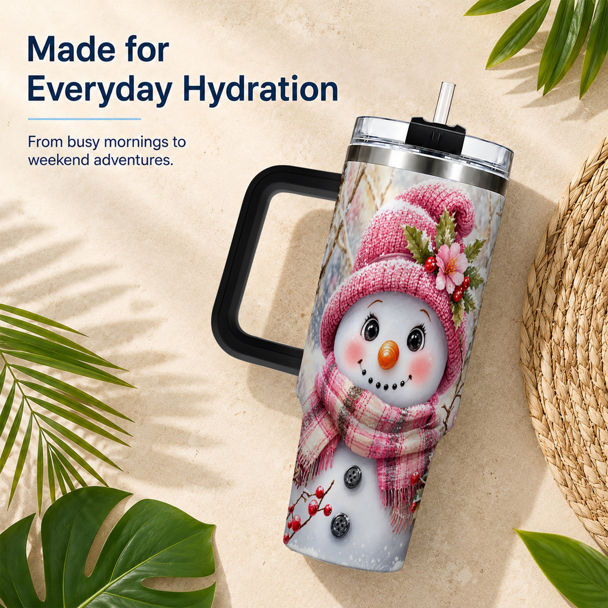 #pl[40oz|Black] Woodland Snowman 40oz Tumbler with Handle, Floral Steel Travel Cup