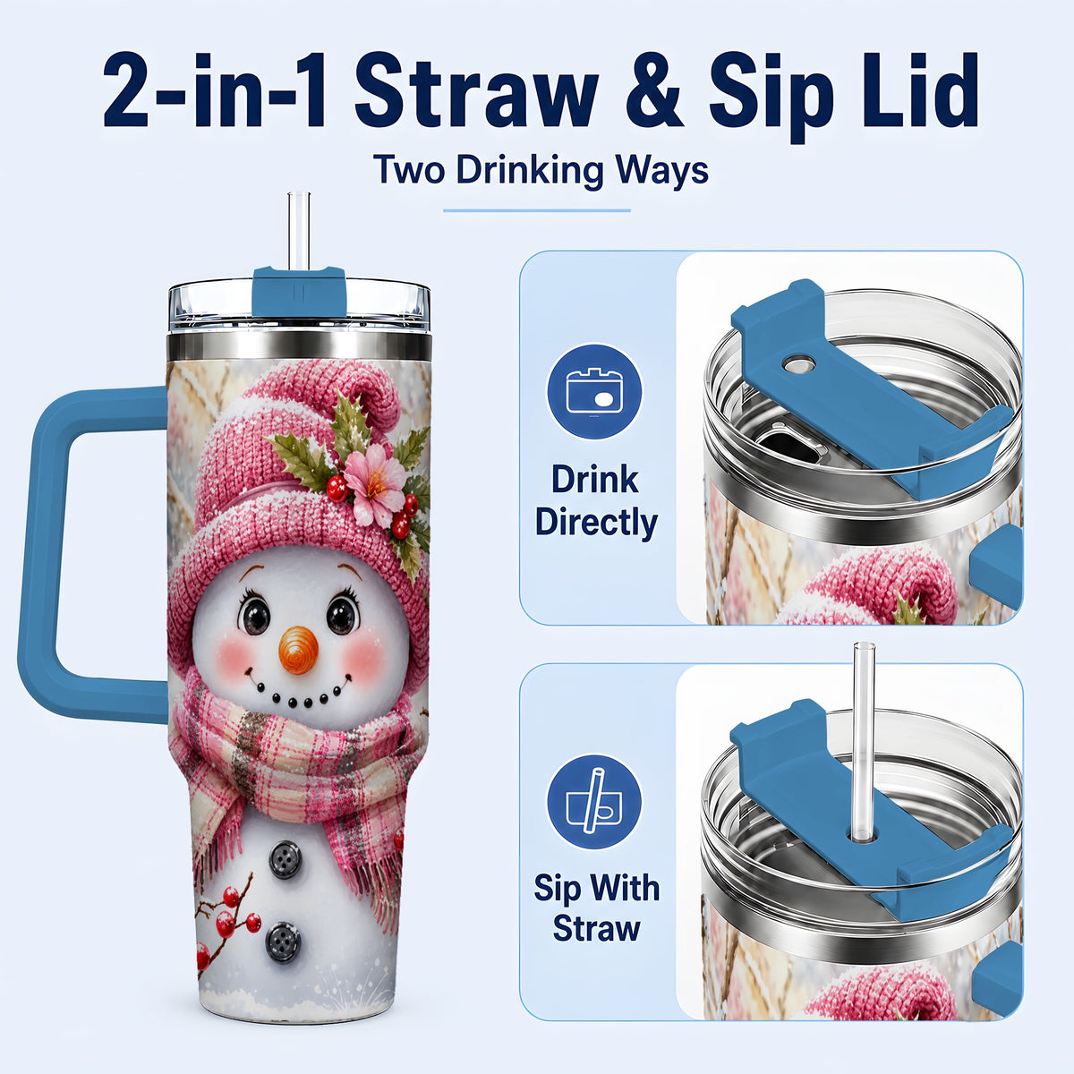 #pl[40oz|Blue] Woodland Snowman 40oz Tumbler with Handle, Floral Steel Travel Cup