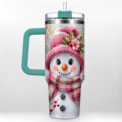 #pl[40oz|Green] Woodland Snowman 40oz Tumbler with Handle, Floral Steel Travel Cup