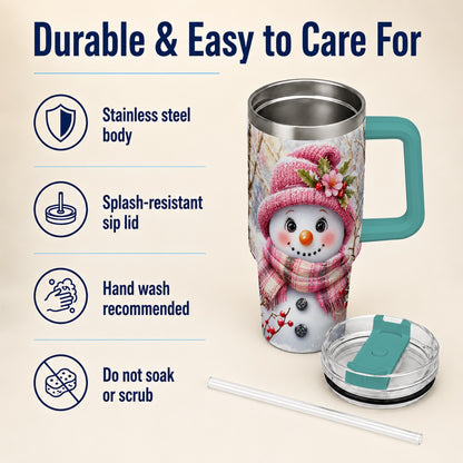 #pl[40oz|Green] Woodland Snowman 40oz Tumbler with Handle, Floral Steel Travel Cup