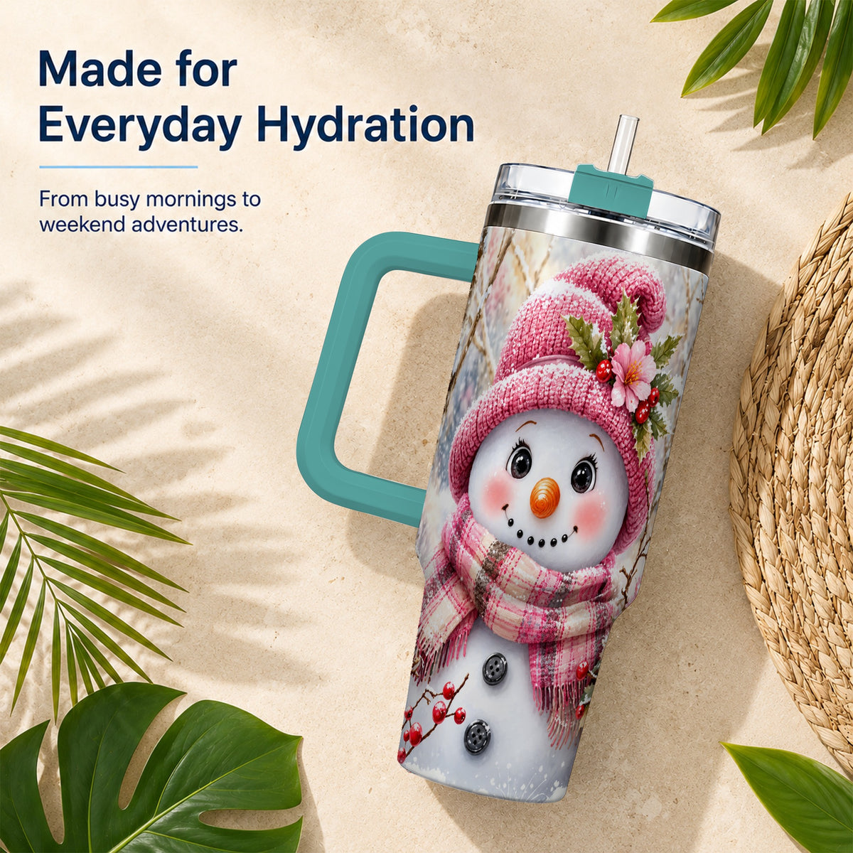 #pl[40oz|Green] Woodland Snowman 40oz Tumbler with Handle, Floral Steel Travel Cup