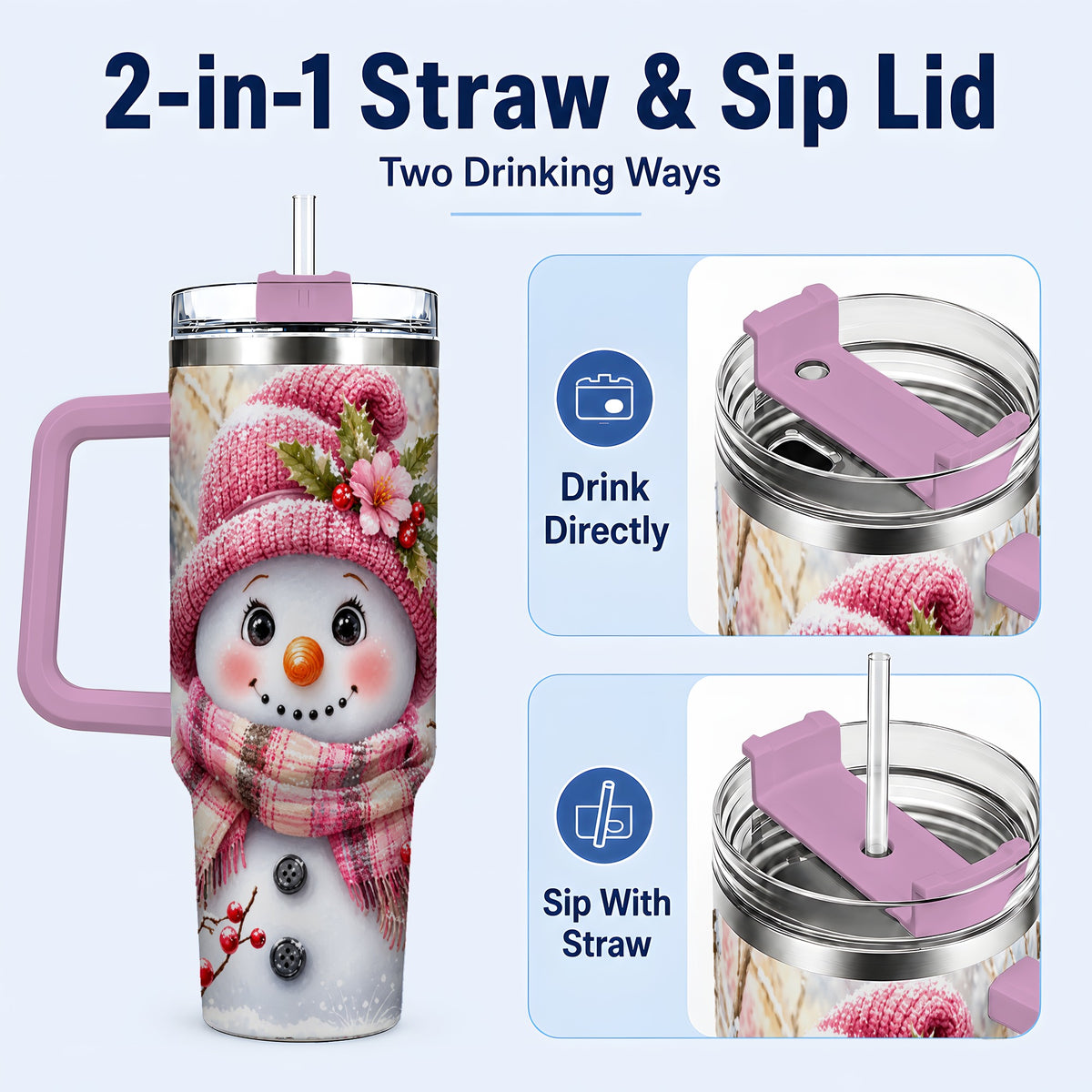 #pl[40oz|Pink] Woodland Snowman 40oz Tumbler with Handle, Floral Steel Travel Cup