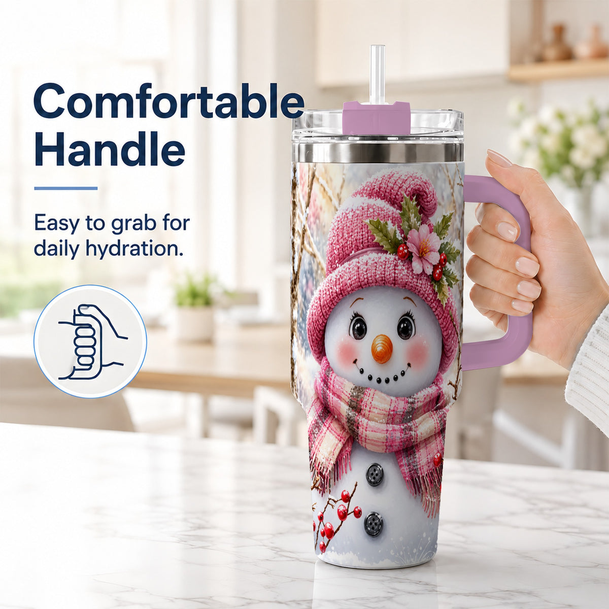 #pl[40oz|Pink] Woodland Snowman 40oz Tumbler with Handle, Floral Steel Travel Cup