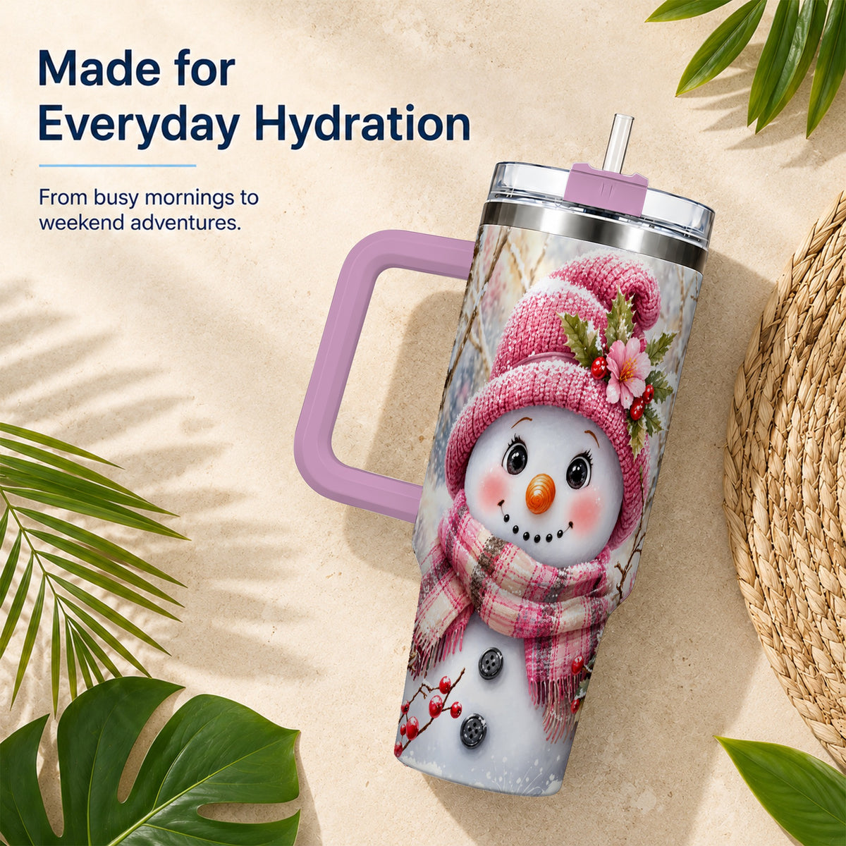 #pl[40oz|Pink] Woodland Snowman 40oz Tumbler with Handle, Floral Steel Travel Cup