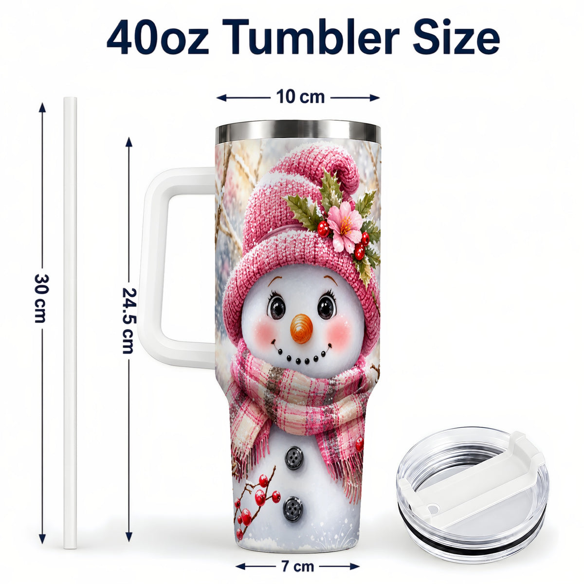 #pl[40oz|White] Woodland Snowman 40oz Tumbler with Handle, Floral Steel Travel Cup