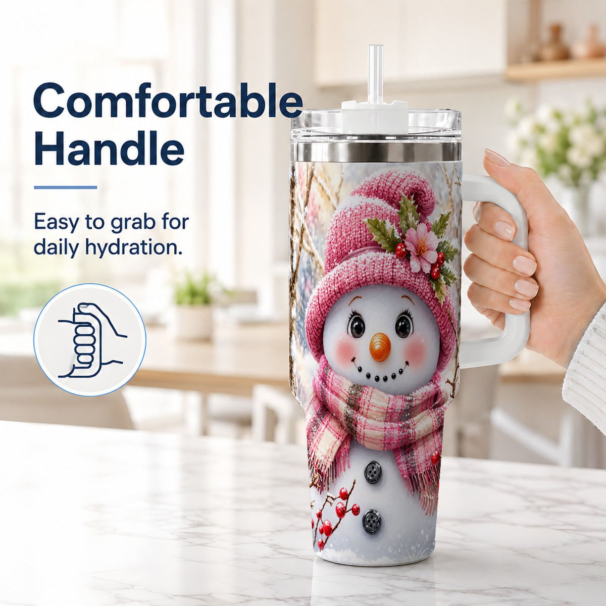 #pl[40oz|White] Woodland Snowman 40oz Tumbler with Handle, Floral Steel Travel Cup