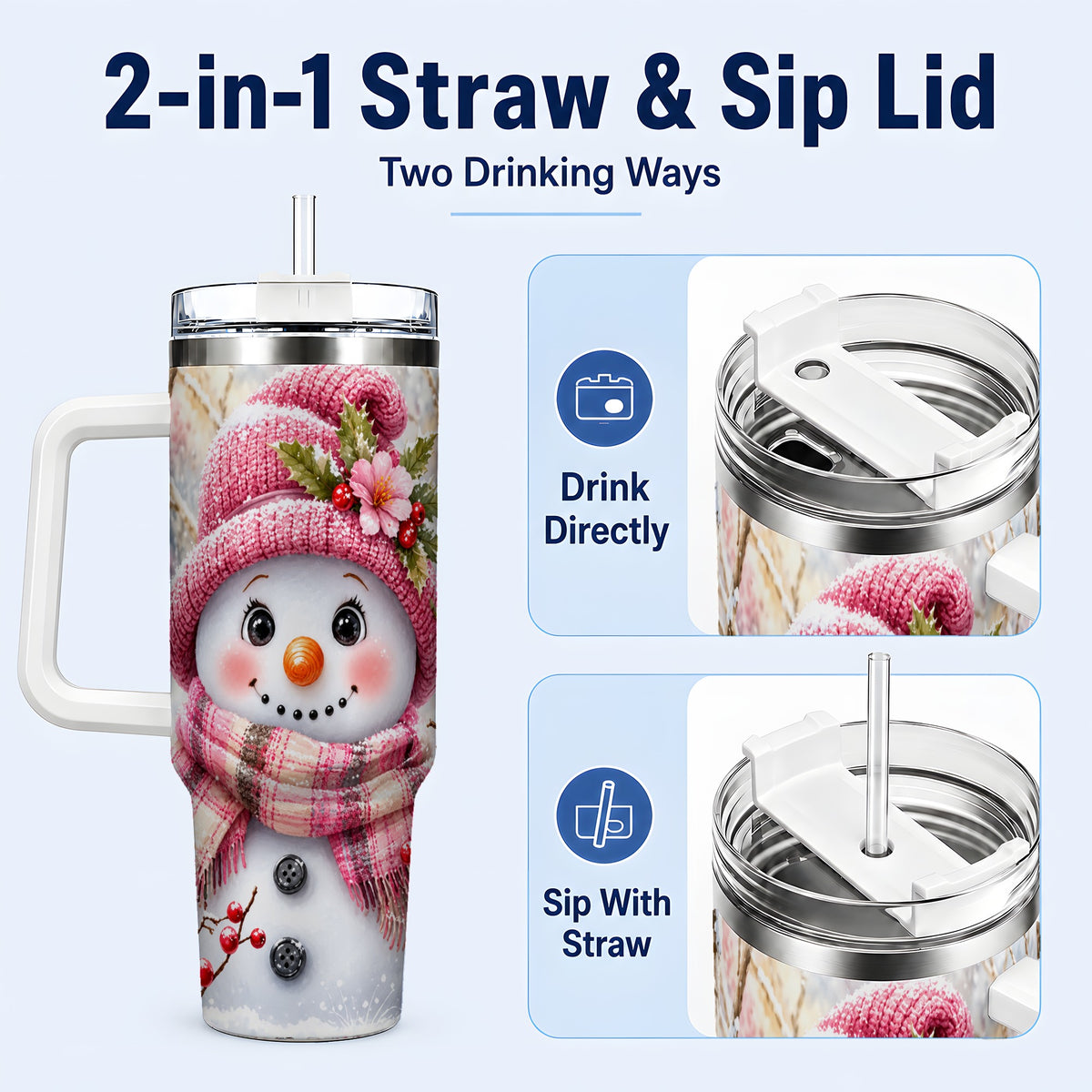 #pl[40oz|White] Woodland Snowman 40oz Tumbler with Handle, Floral Steel Travel Cup