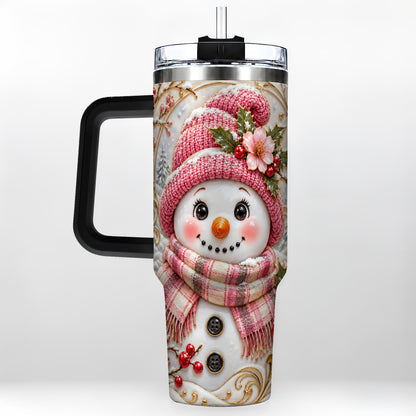 #pl[40oz|Black] Pink Winter Snowman 40oz Tumbler, Floral Stainless Steel Travel Cup