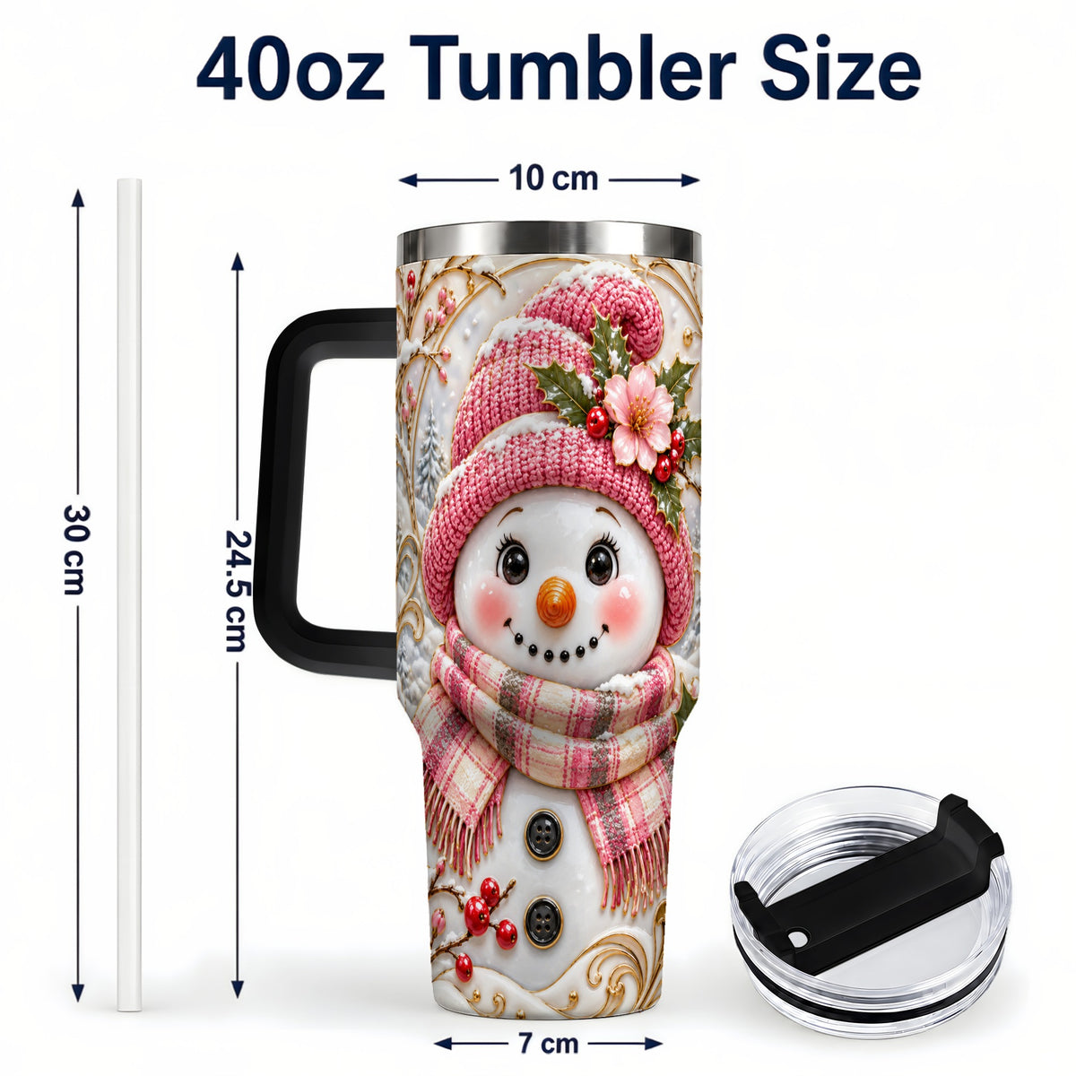#pl[40oz|Black] Pink Winter Snowman 40oz Tumbler, Floral Stainless Steel Travel Cup
