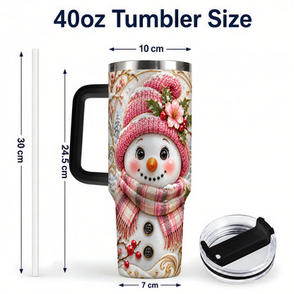 #pl[40oz|Black] Pink Winter Snowman 40oz Tumbler, Floral Stainless Steel Travel Cup
