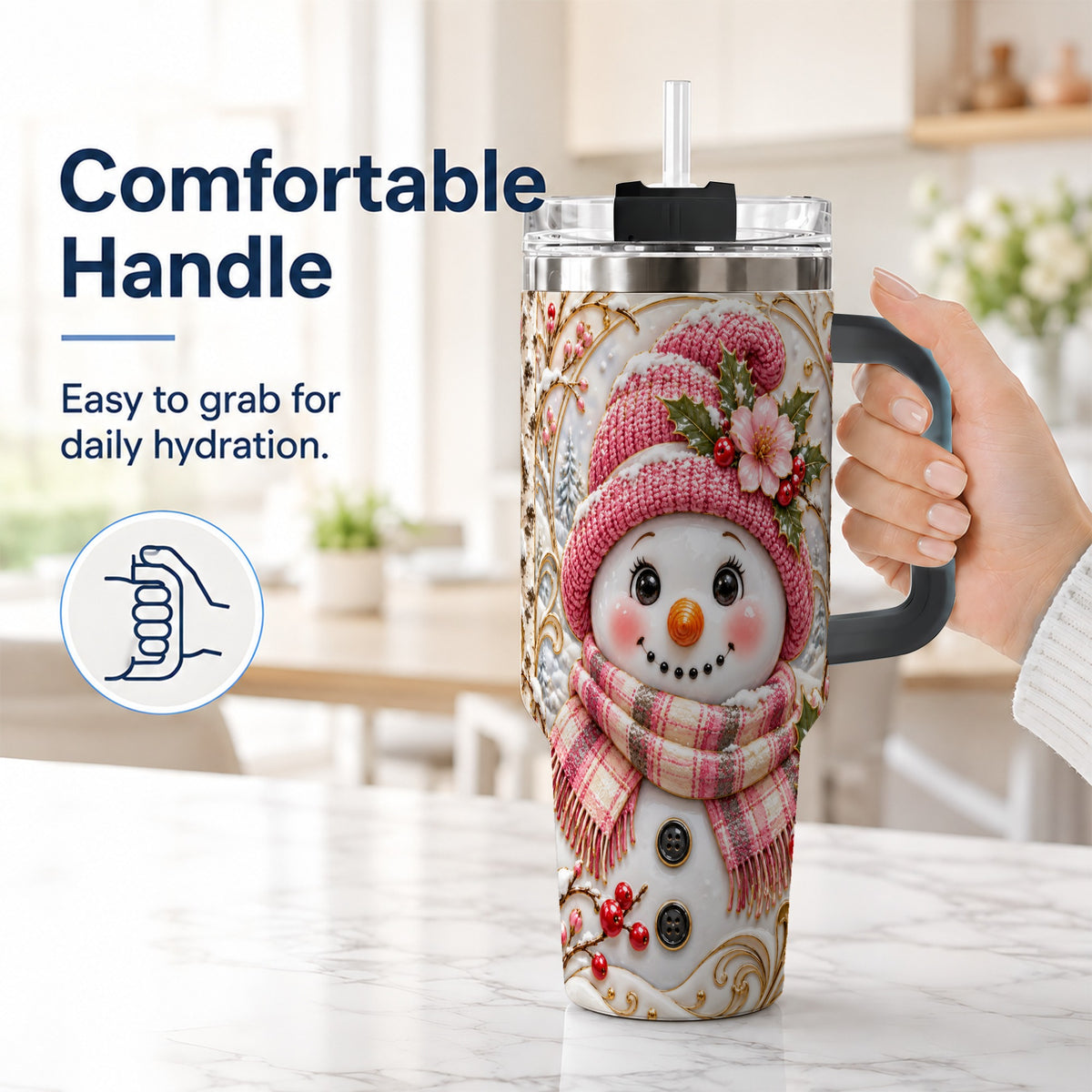 #pl[40oz|Black] Pink Winter Snowman 40oz Tumbler, Floral Stainless Steel Travel Cup