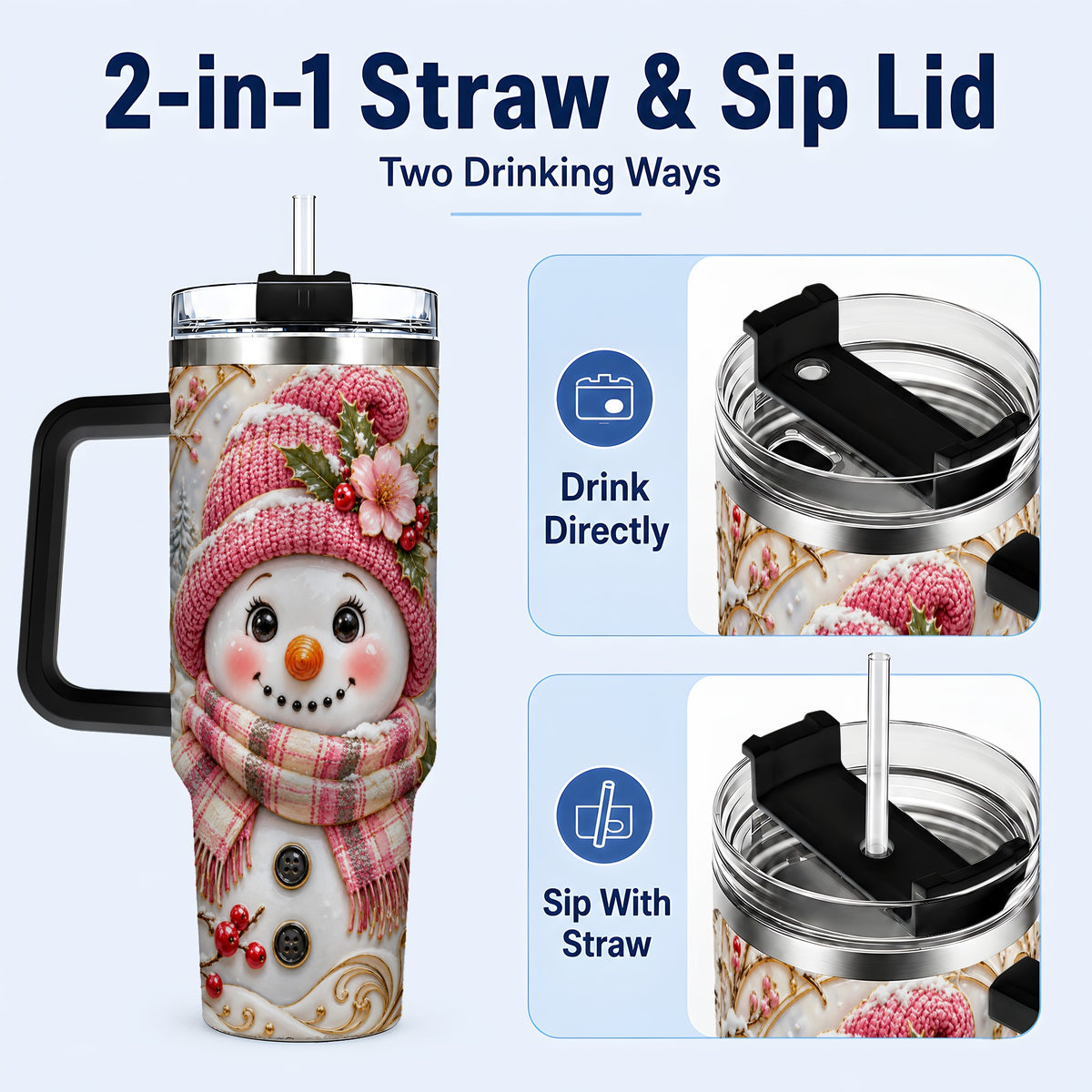 #pl[40oz|Black] Pink Winter Snowman 40oz Tumbler, Floral Stainless Steel Travel Cup