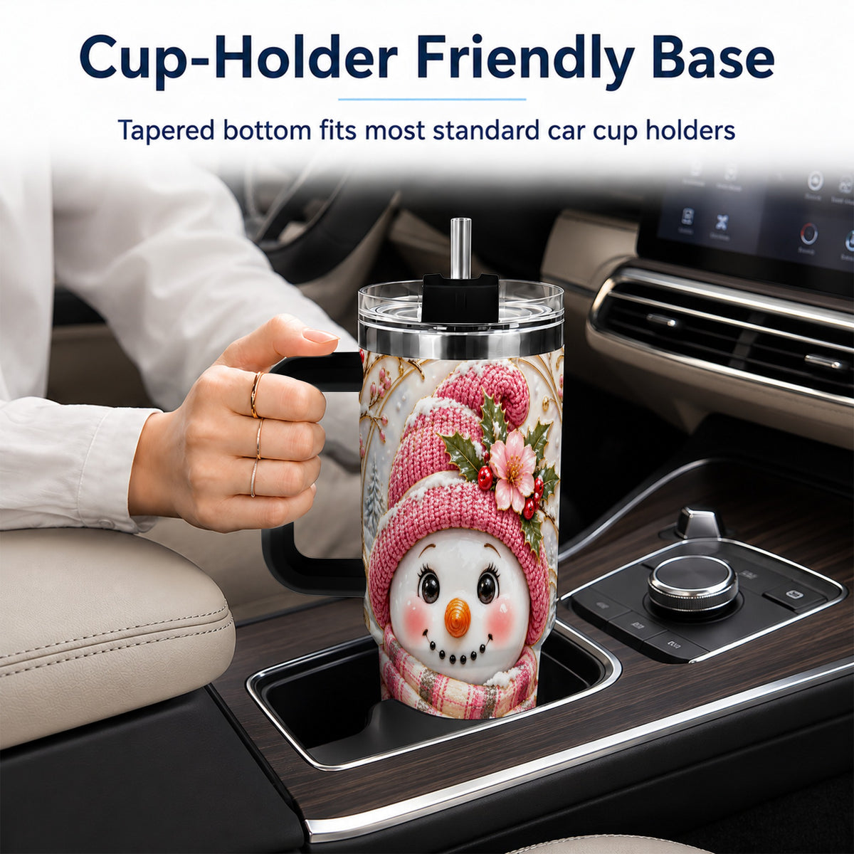 #pl[40oz|Black] Pink Winter Snowman 40oz Tumbler, Floral Stainless Steel Travel Cup