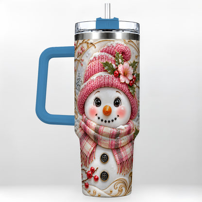 #pl[40oz|Blue] Pink Winter Snowman 40oz Tumbler, Floral Stainless Steel Travel Cup