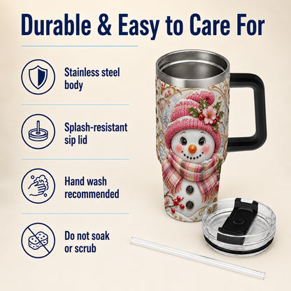 #pl[40oz|Black] Pink Winter Snowman 40oz Tumbler, Floral Stainless Steel Travel Cup