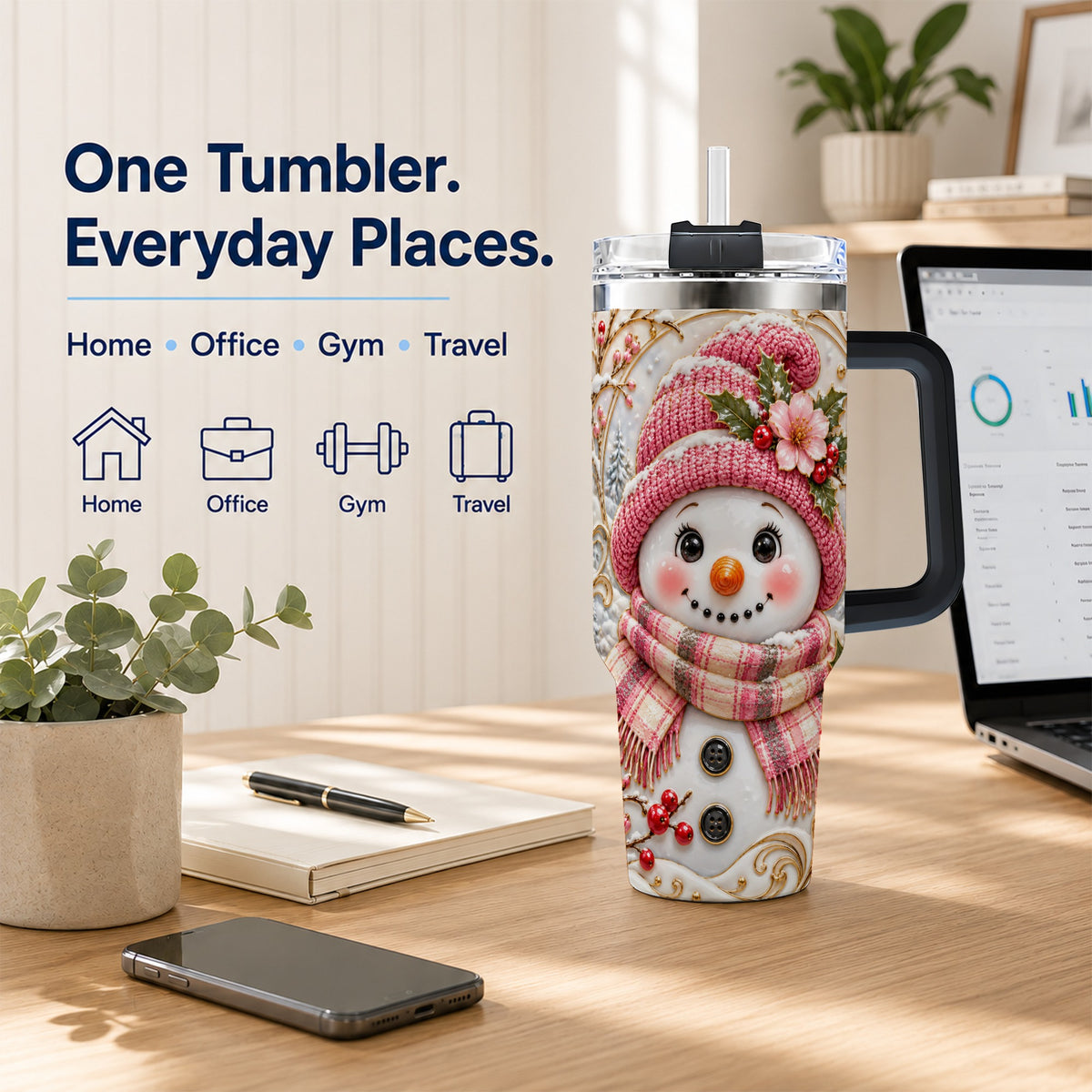 #pl[40oz|Black] Pink Winter Snowman 40oz Tumbler, Floral Stainless Steel Travel Cup